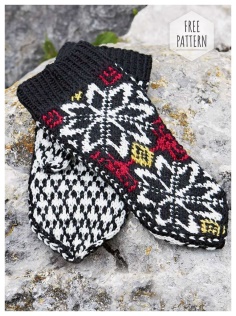 Knitting needles warm mittens with jacquard flowers