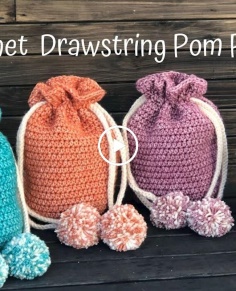 Crochet  Drawstring Pom Pom Bag ( Free Pattern )