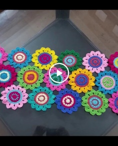 colourful flowers crochet table runner