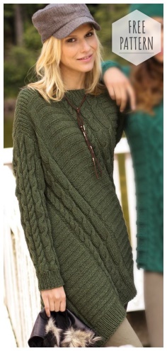 Elongated jumper with a sloping bottom line free pattern